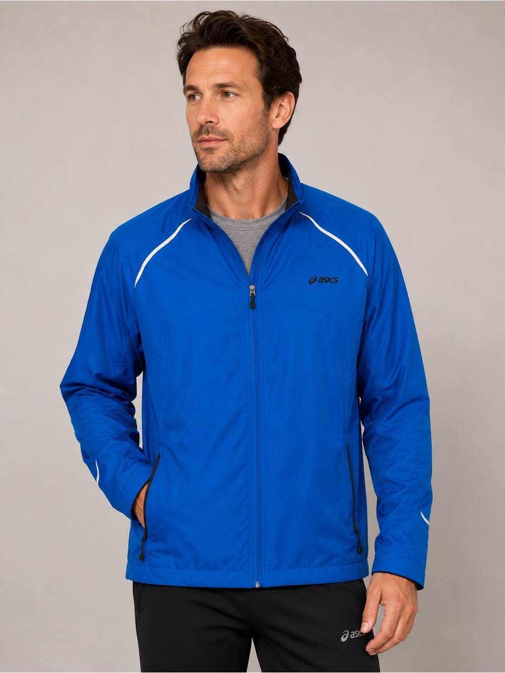 asics men’s blue lightweight running jacket xl full zip reflective windbreaker
